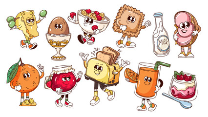 Breakfast food mascot set with cute pancakes, toast, fruit, cereal, coffee, eggs and sweets in groovy cartoon outline style, bold characters and playful details, fun breakfast icons, vector