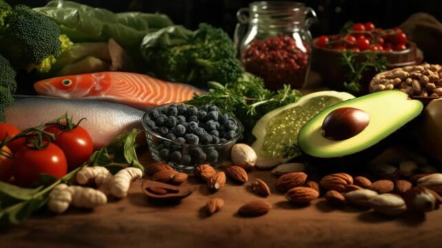 Delicious fruits and vegetables displayed on a rustic wooden surface.