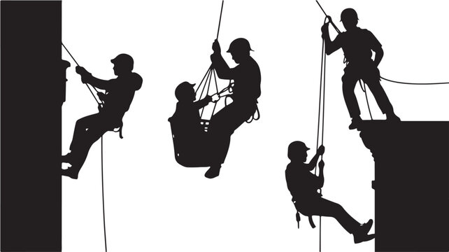 Rock climbing and rappelling people in dynamic adventure graphic silhouette with high contrast black and white vector illustration for outdoor activity promotion.