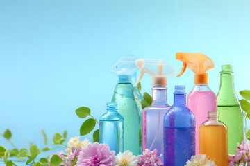 Vibrant Spray Bottle Cluster: Negative Space Product Shot