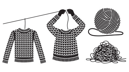 Knitting process with handmade sweater and yarn ball in a clean black and white graphic illustration for craft and hobby promotion.