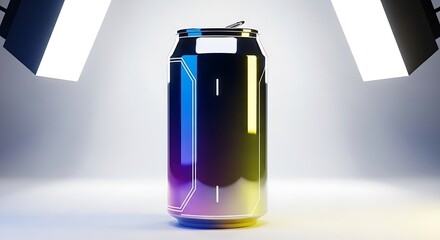 Shiny metallic beverage can with colorful reflections illuminated by studio lights