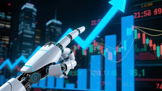 AI powered robotic hand points to rising chart over digital stock and cryptocurrency analytics futuristic cityscape showing blockchain technology growth finance trading and optimistic network security