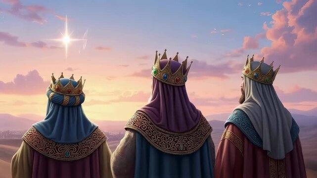 Epiphany journey of the three Magi following the bright star over desert terrain, religious Christmas holiday concept for worship