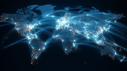 Global Connectivity Visualization Illustrating Network Connections Across the World with Bright Light Trails Representing Data Flow