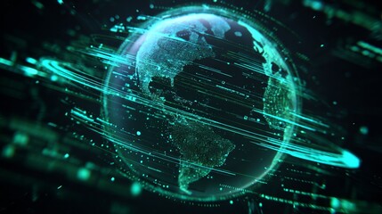 A Stunning Digital Representation of Earth Surrounded by a Futuristic Data Stream and Glowing Visual Effects Emphasizing Technology and Connectivity