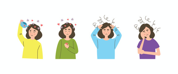 Mental health vector set showing the contrast between stress, anxiety, and depression versus self-care, healing, and positive growth in a flat illustration style