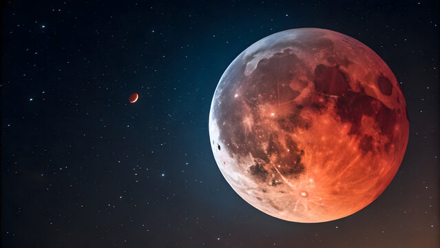 A blood moon in space showing a total lunar eclipse - Powered by Adobe