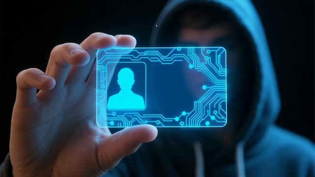 Blockchain based technology business digital software development network security background futuristic identity card held by person hoodie expressing tension and intrigue digital id card