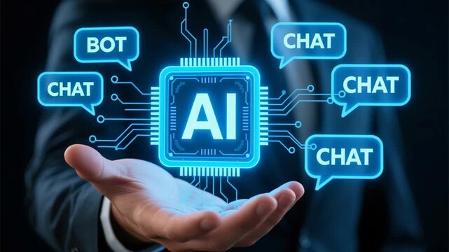 Ai chip held above palm hologram chat bot network circuit technology connecting blockchain business communication chatbot speech bubbles glowing circuit lines software development network security