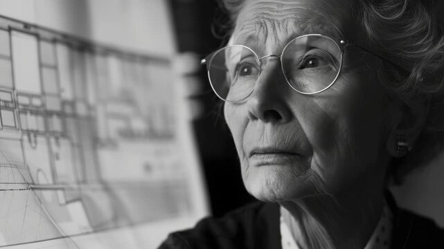 Old man wearing glasses focused on architectural plans.