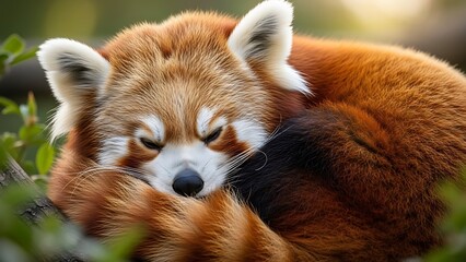 Adorable red panda resting peacefully curled up on a tree branch surrounded by lush greenery