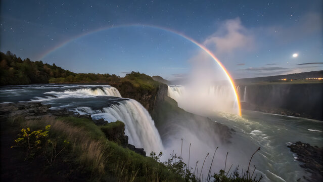 A stunning moonbow forming over a waterfall at night