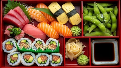 Assorted Sushi and Edamame in Bento Box.