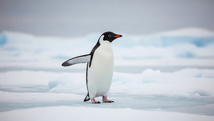 Obraz premium A proud penguin stands on a shimmering ice floe in the vast Antarctic wilderness, its wings slightly outstretched in a moment of poised balance