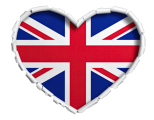 A heart shape with the Union Jack design, created using a ripped paper effect