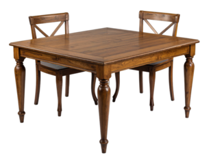 Wooden square dining table with two chairs, isolated against a transparent background