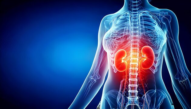 Human female body showing painful kidneys anatomy
