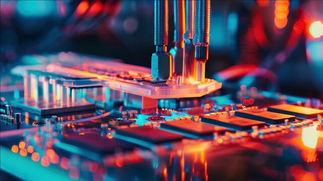 The shows a close-up of an industrial machine in operation during the day. It features intricate mechanical parts and electronic components that suggest a complex assembly or testing process.