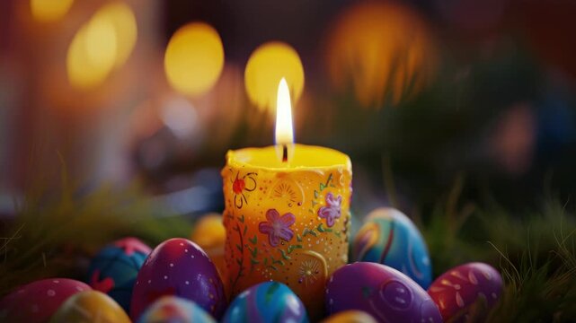 A single lit candle surrounded by a colorful arrangement of Easter eggs.