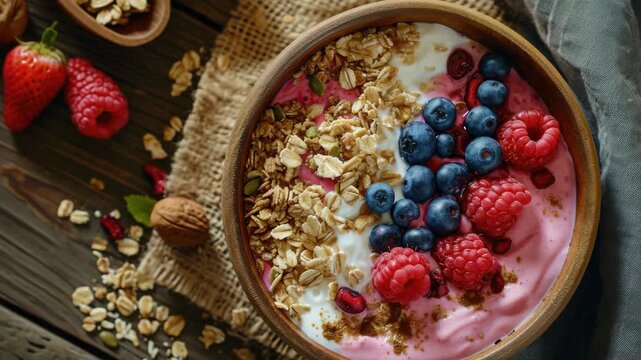 Fresh berries, granola, yogurt in a bowl on a wooden table with rustic accessories.
