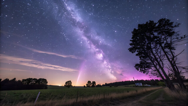 Night Sky Displaying Purple STEVE Aurora and Milky Way