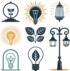 Fototapeta premium Collection of nine stylized icons featuring light bulbs and plants in dark blue and yellow leaf symbol