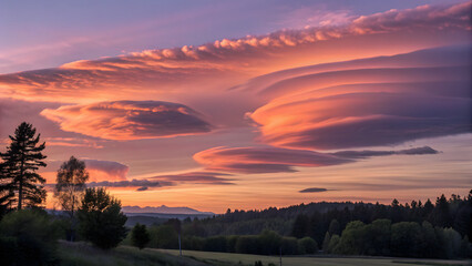 Stunning lenticular clouds glowing pink and orange at sunset