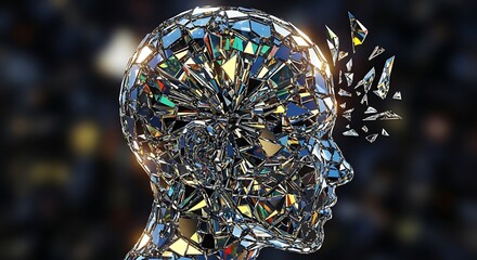 Abstract shattered human head silhouette made of geometric crystal shards, symbolizing mental breakdown, loss of consciousness, or mind-blowing revelation on a blurred dark background