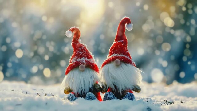 A digitally altered featuring two Santa Clauses standing together on a snowy ground with falling snowflakes in the background. The Santas have white beards