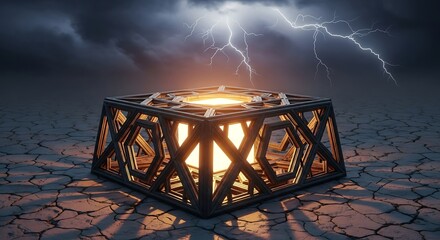 Mystical ancient relic glowing with divine energy beneath a stormy sky with lightning strikes