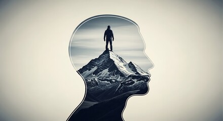 Silhouette of a man standing on a mountain peak within a profile outline of a head, symbolizing ambition and achievement