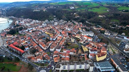 Aerial panoramic view around the old town of the city Givors in France on an early morning in spring.