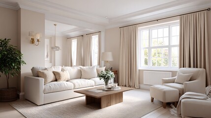 Fototapeta premium Neutral small monochromatic living room interior featuring fluffy sofa for comfort home interior design wallpaper background