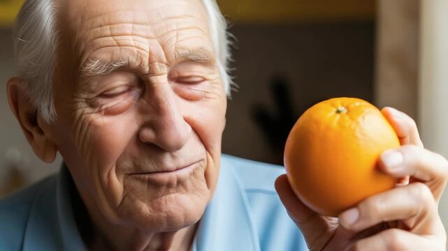 Elderly man with reflective mood examining fresh orange against warm home interior background with copy space