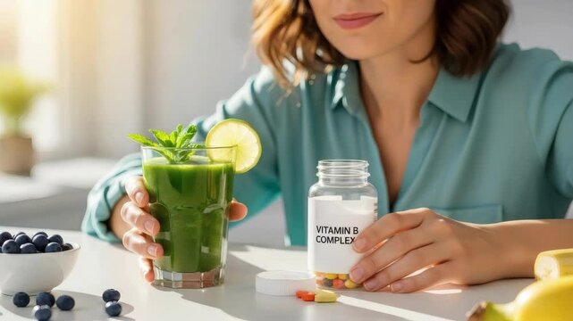 Healthy woman with mindful mood holding green smoothie and VITAMIN B COMPLEX supplements against bright kitchen interior with copy space