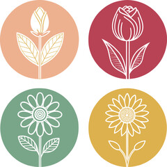 Four stylized floral icons in circular backgrounds rose tulip daisy sunflower symbol