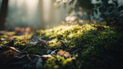 serene forest floor covered with lush moss and fallen leaves under dappled sunlight