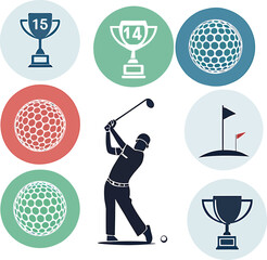 Golf themed icons with trophies golf balls and golfer silhouette trophy flag