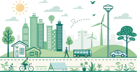 Green city landscape with solar panels wind turbines and people commuting by bike bus and car urban eco friendly