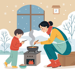 Mother and son cooking soup on a wood stove in a snowy winter scene vector