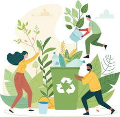 People recycling plastic bottles and watering plants in a garden setting eco friendly sustainability