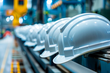 Industrial Safety First, Protective Helmets Amidst Factory Machinery and Production.