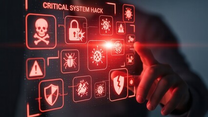 System hack warning concept showing a hand interacting with a virtual screen filled with red danger icons, representing cybersecurity threats, malware attacks, and digital security breaches