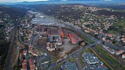 Aerial panoramic view around the old town of the city Givors in France on an early morning in spring.