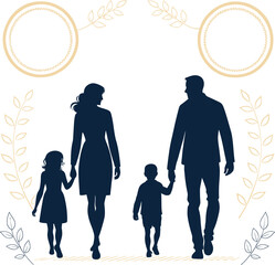 Silhouette family walking holding hands with decorative branches and circles parents