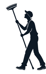 Silhouette of a person wearing a cap and overalls holding a rake woman worker