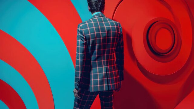 A young man wearing a striking checkered jacket stands with his back to the camera against a mesmerizing backdrop of vivid colors. The evokes a sense of modern style combined with artistic flair.