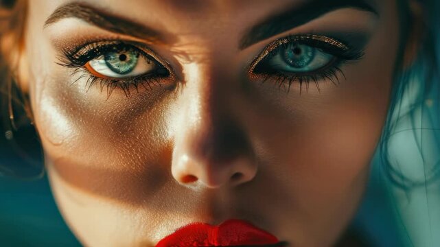 A woman's profile with striking makeup and vibrant red lips. Her gaze is off to the side and her skin glows subtly.