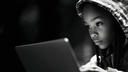 A young boy using a laptop in the dark, focused on learning or work, suitable for education or technology themes. - Powered by Adobe